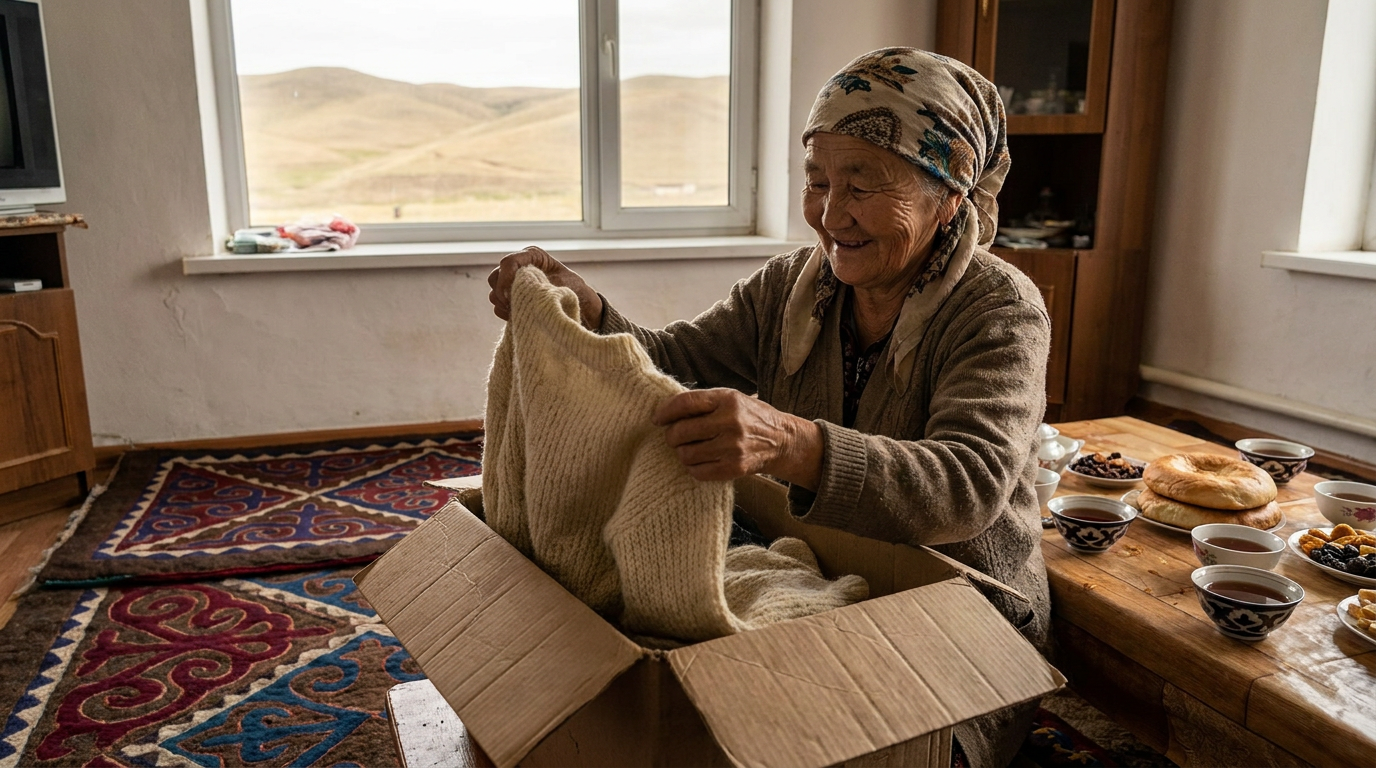 Пожилая казашка дома в Казахстане достаёт вязаный свитер из посылки, за окном степь, на столе дастархан