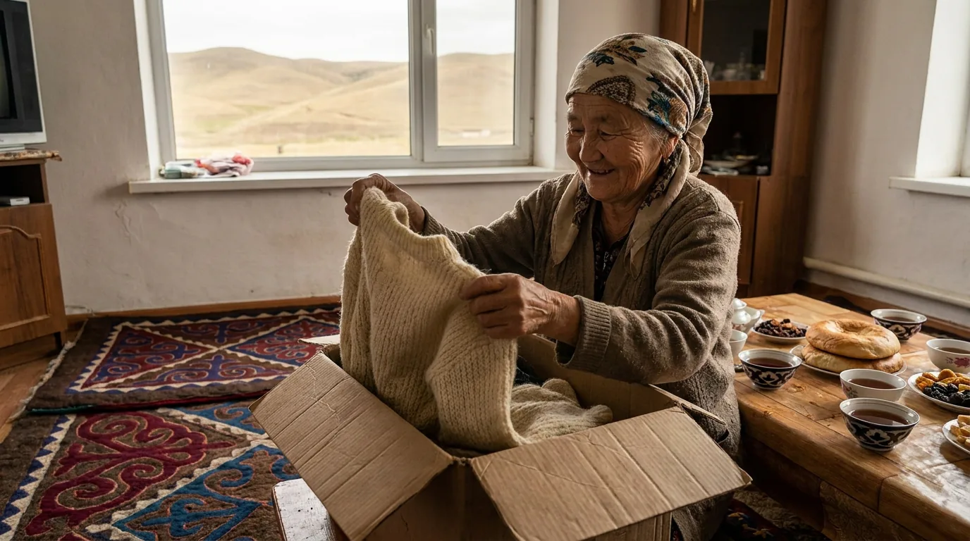 Пожилая казашка дома в Казахстане достаёт вязаный свитер из посылки, за окном степь, на столе дастархан